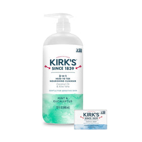 Kirk's front pump bottle showing mint eucalyptus label and convenient dispenser