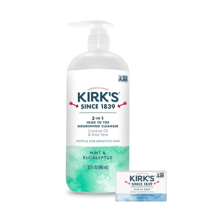 Kirk's front pump bottle showing mint eucalyptus label and convenient dispenser