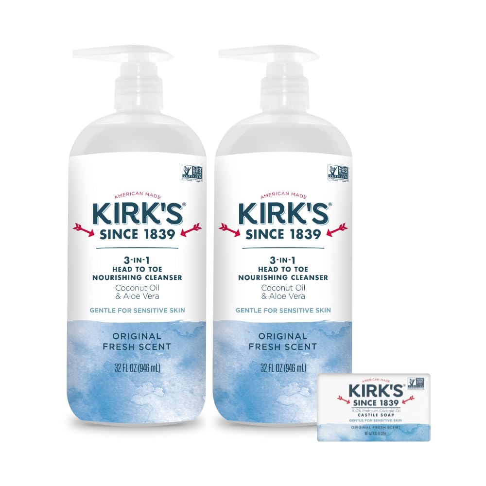 Kirk's front packaging shows product benefits and large 32oz size for convenience