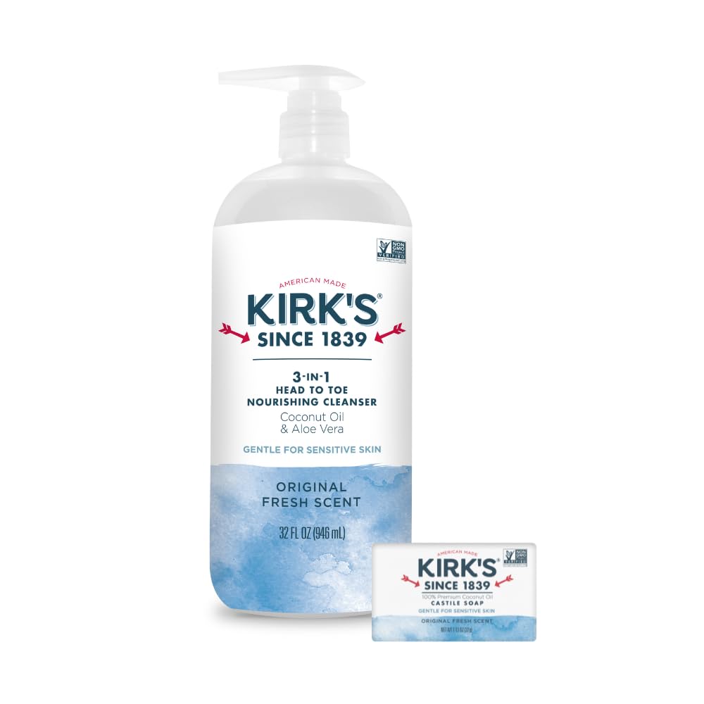 Kirk's front pump bottle showing label and 32 oz size for convenience