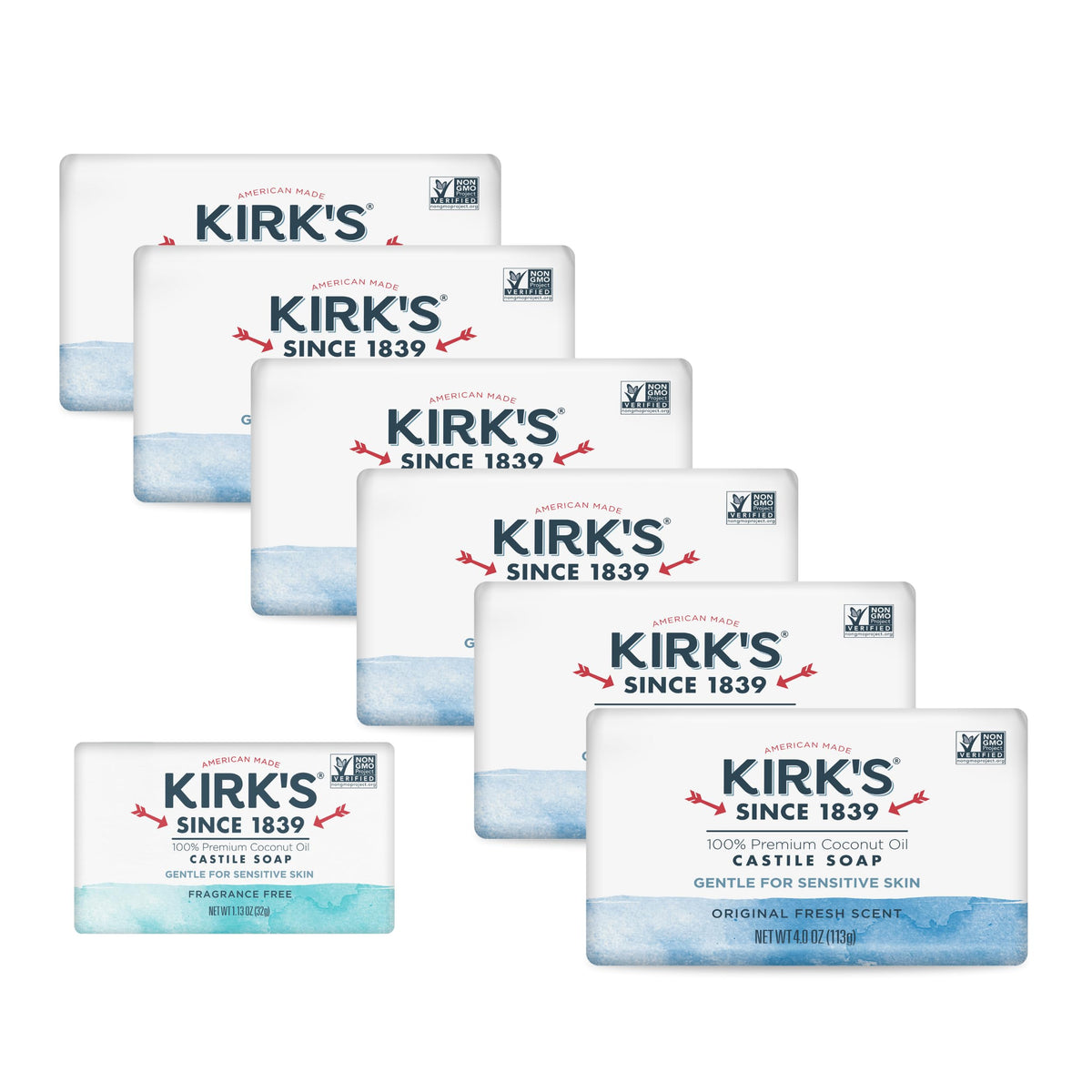 Kirk's front packaging showing six 4 oz bars and travel bar, reliable gentle cleanse