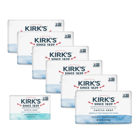 Kirk's front packaging showing six 4 oz bars and travel bar, reliable gentle cleanse