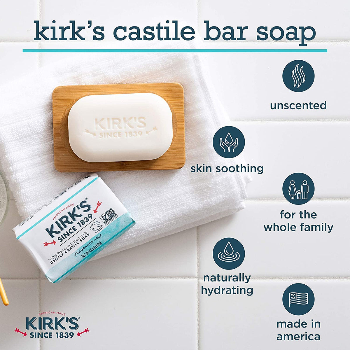 Kirk's single bar close-up highlighting smooth texture and gentle cleansing