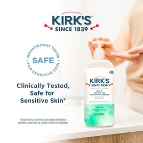 Kirk's 32 oz bottle beside common items to show size and travel-friendly volume