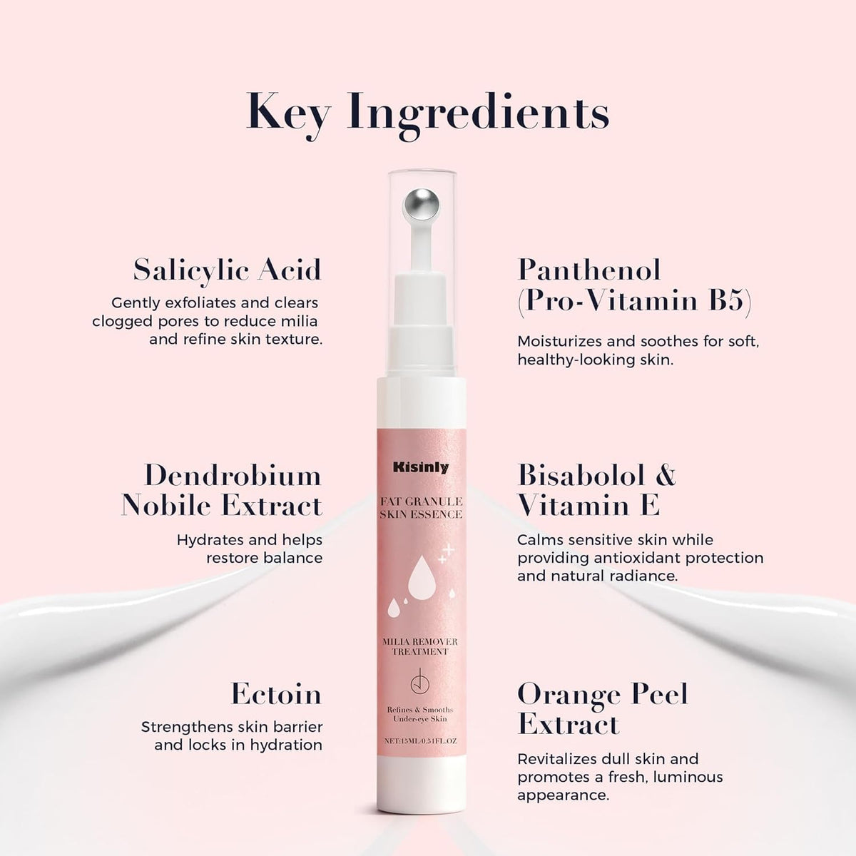Kisinly ingredient label close-up showing salicylic acid and soothing agents