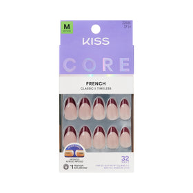 KISS front packaging showing cheerful red press on nails and kit benefits