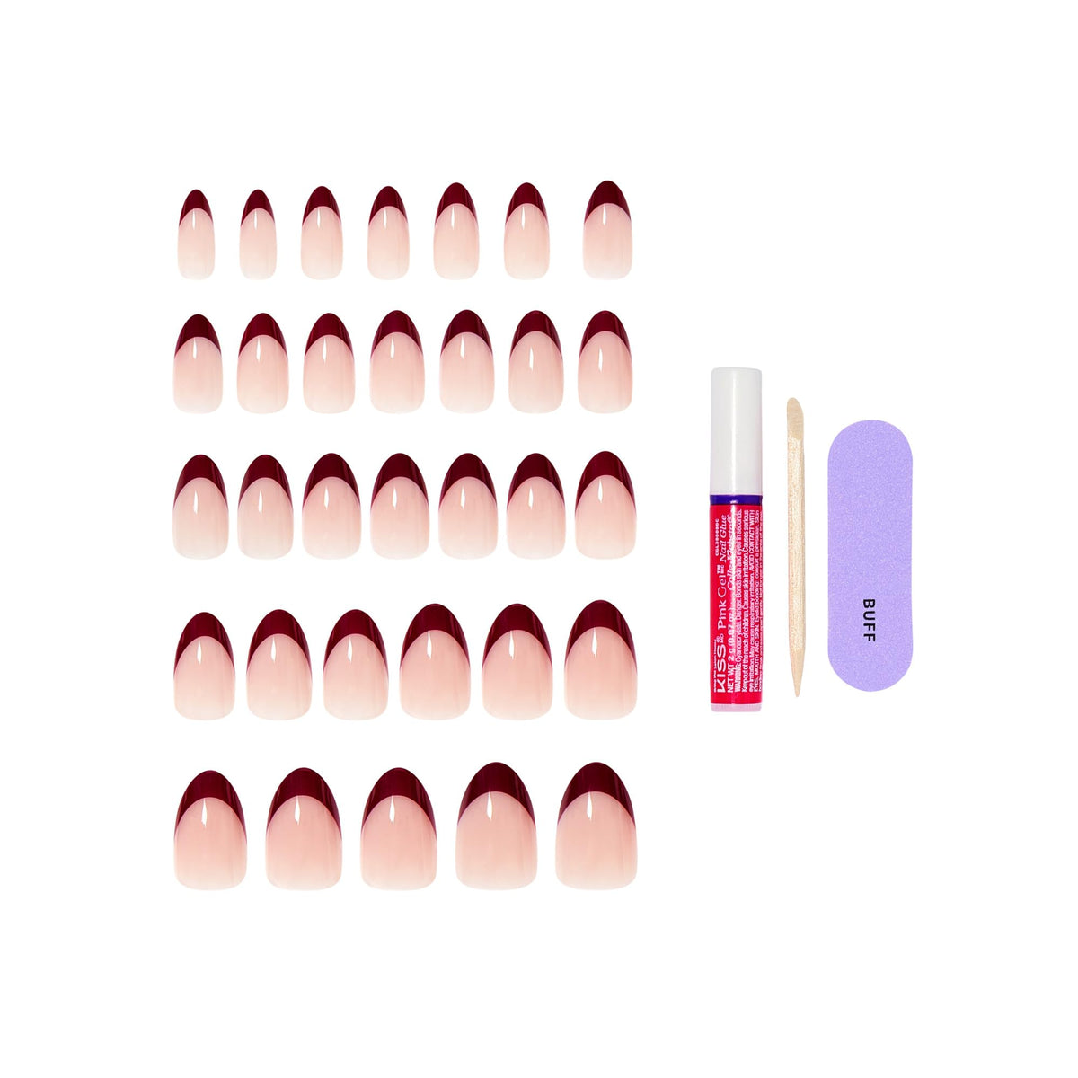 KISS glue and manicure tools laid out for quick at-home application