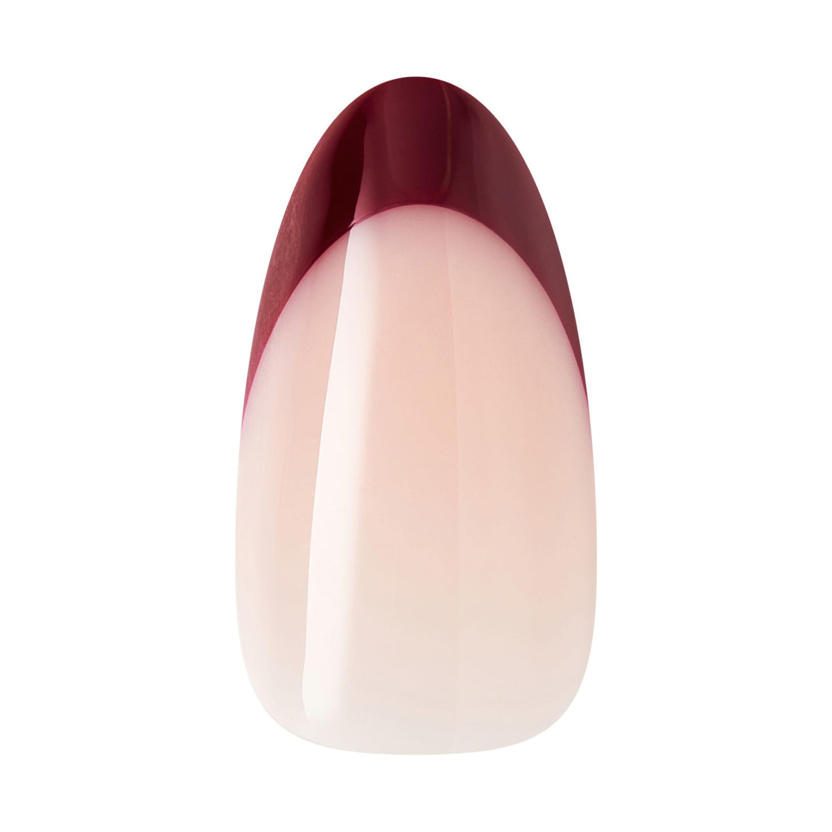 KISS nails worn on hand demonstrating polished red almond look and convenience