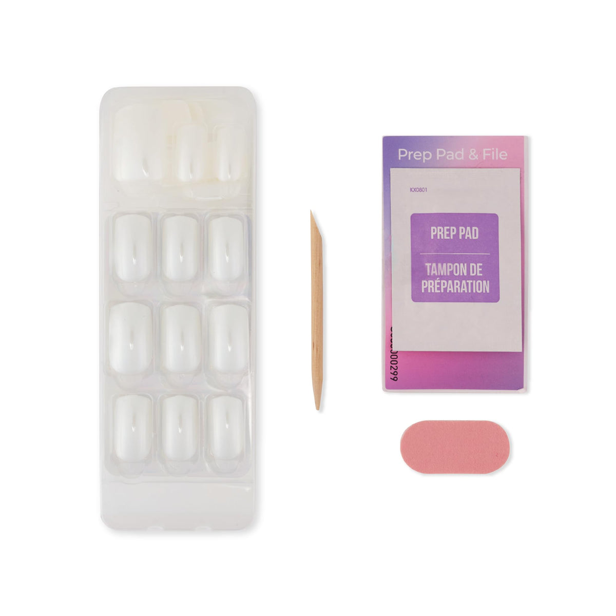 KISS spread of 30 press-on nails with prep pad, file and manicure stick for easy selection