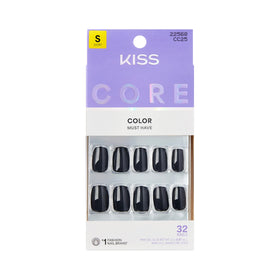 KISS front packaging showing black press-on nails and included tools for quick application