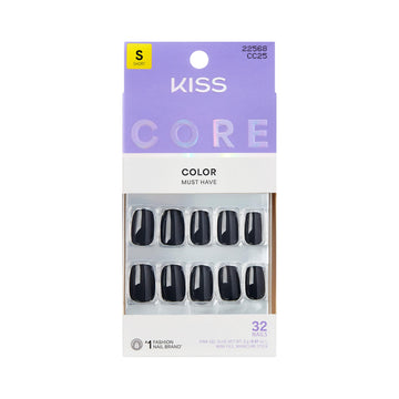KISS front packaging showing black press-on nails and included tools for quick application