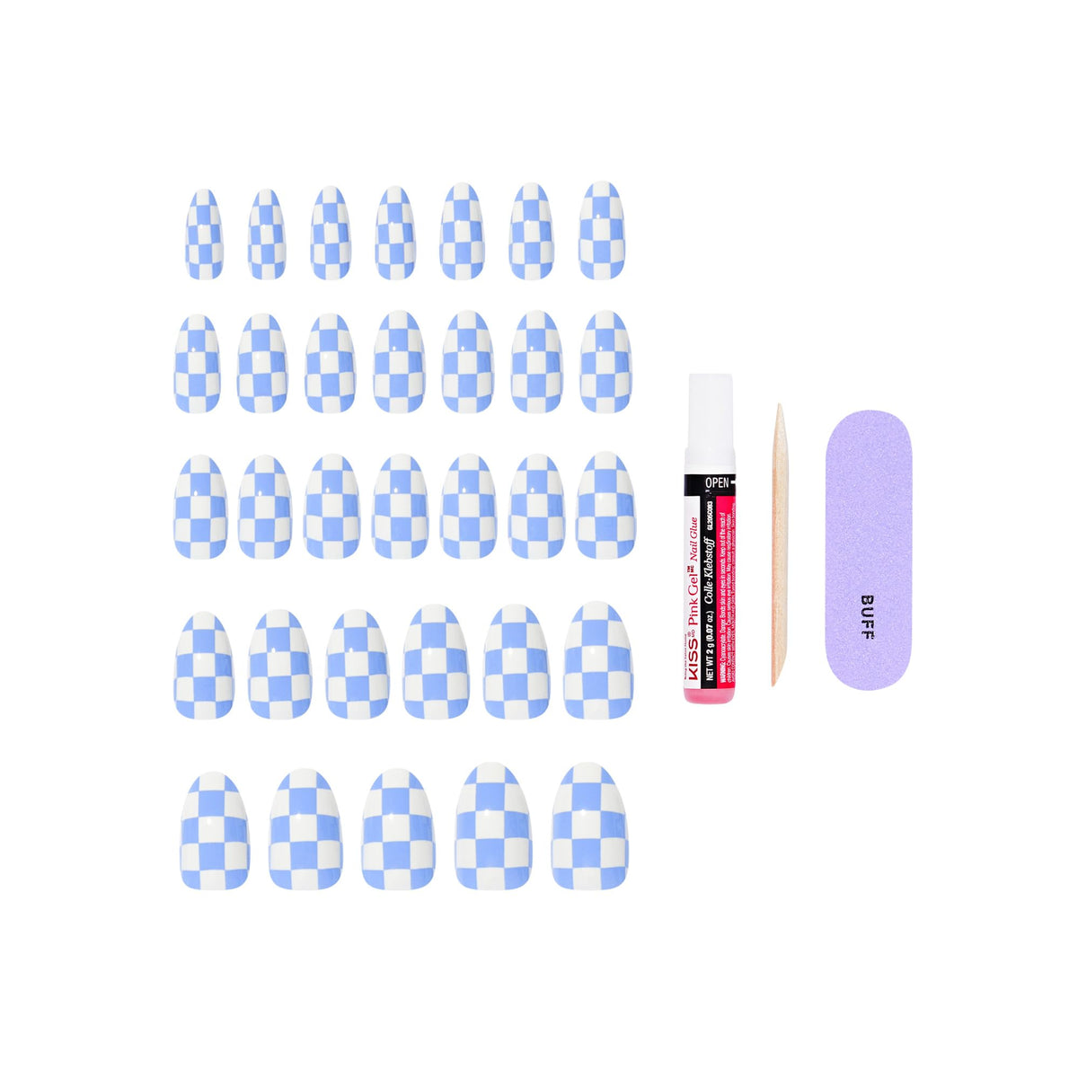 KISS 2g glue, manicure stick, and mini file arranged for quick use