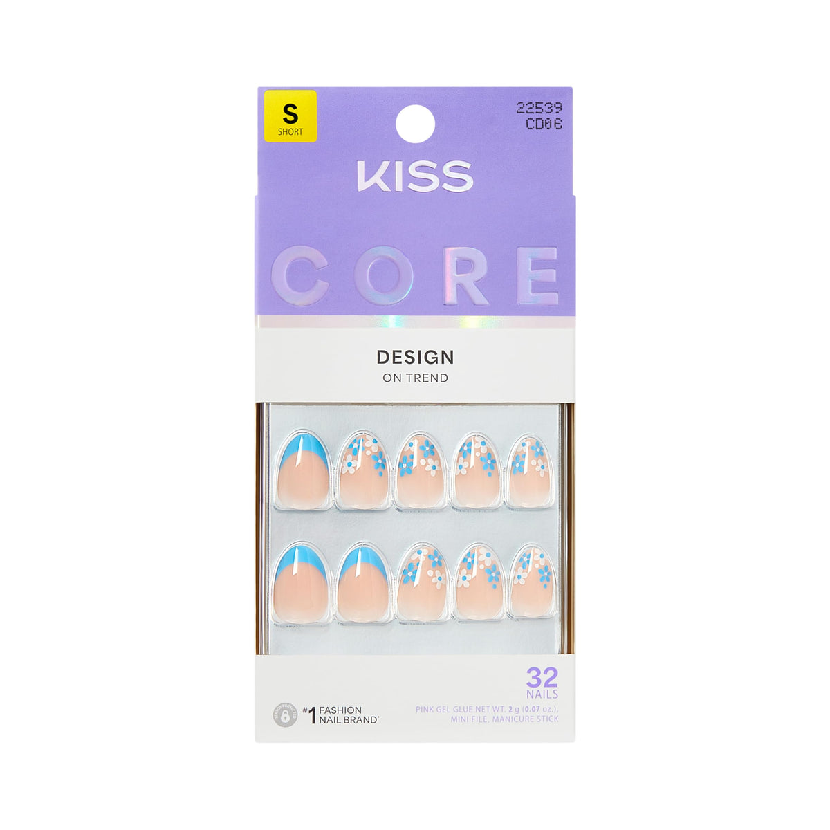 KISS Core front packaging showing blue almond short nails and included tools for easy start
