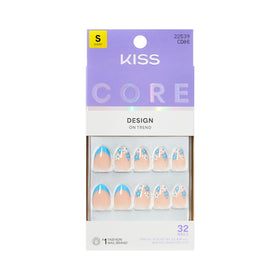 KISS Core front packaging showing blue almond short nails and included tools for easy start