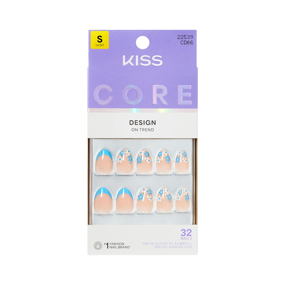 KISS Core front packaging showing blue almond short nails and included tools for easy start