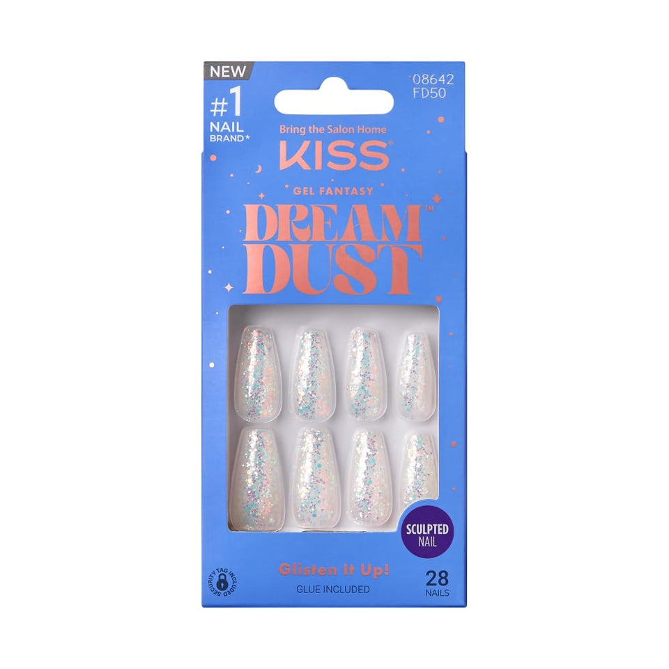 KISS Dreamdust front packaging showing long glitter coffin nails benefit fast application