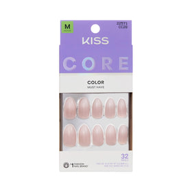 KISS Dulcet front packaging showing almond pink nails and kit contents benefits quick styling