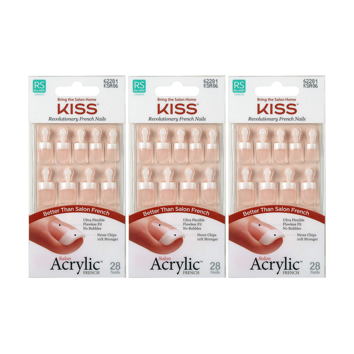 KISS front packaging showing three short French acrylic kits and quick-apply benefit