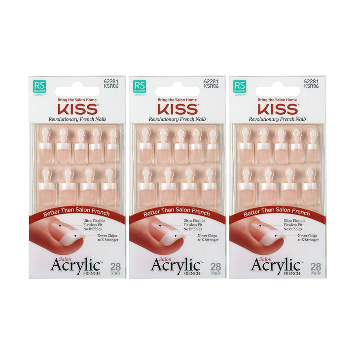 KISS front packaging showing three short French acrylic kits and quick-apply benefit