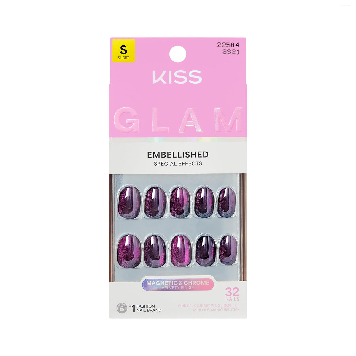 KISS front packaging showing purple press-on nails and included items for easy application