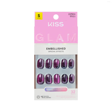 KISS front packaging showing purple press-on nails and included items for easy application