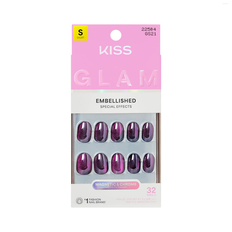 KISS front packaging showing purple press-on nails and included items for easy application