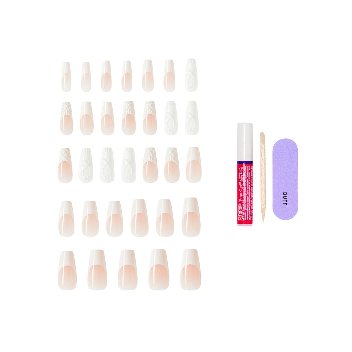KISS nail glue and included tools displayed for quick at-home application benefit