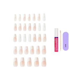 KISS nail glue and included tools displayed for quick at-home application benefit