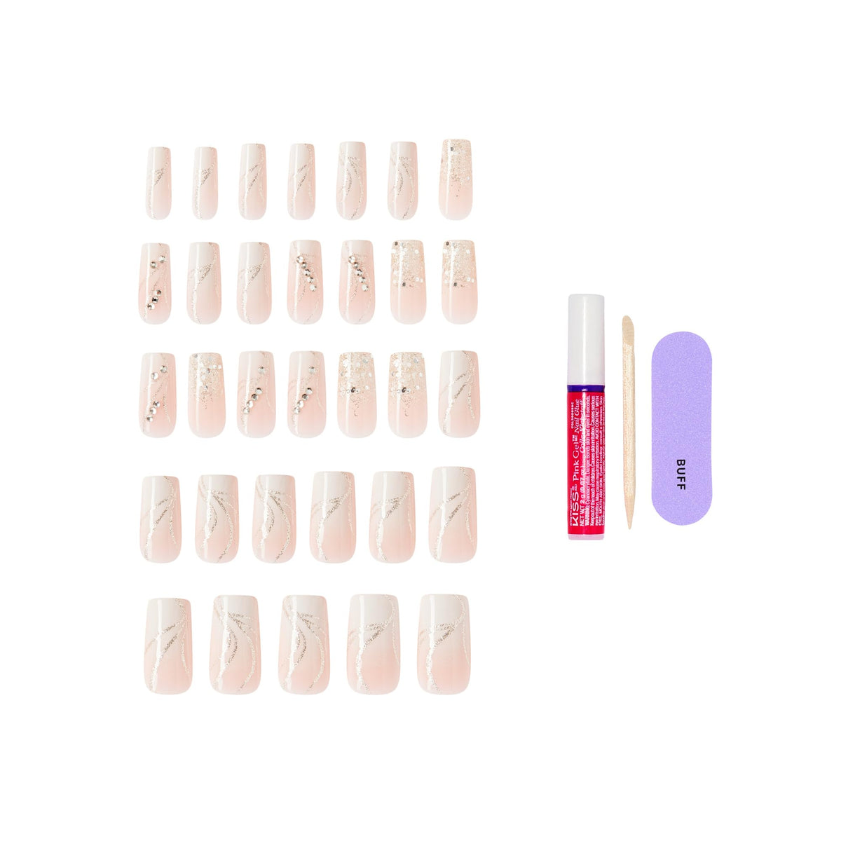 KISS Glam glue and tools laid out for quick at-home application
