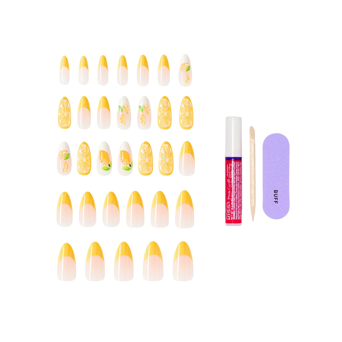 KISS Glam glue and tools layout including 2g glue, stick, file for complete at-home application