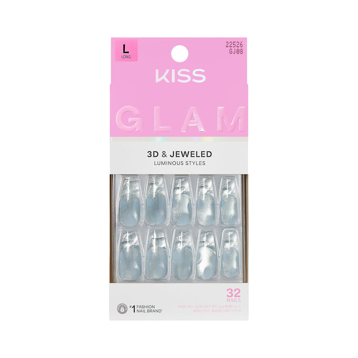 KISS Glam front packaging showing 32-piece blue Seraphic press-on set and included tools