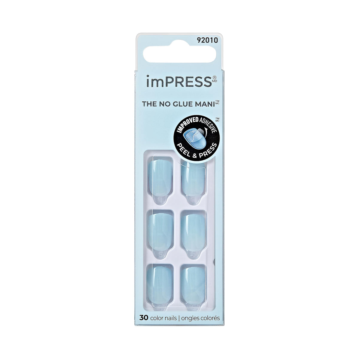 KISS imPRESS front packaging showing cloud blue short squoval nails for fast salon look