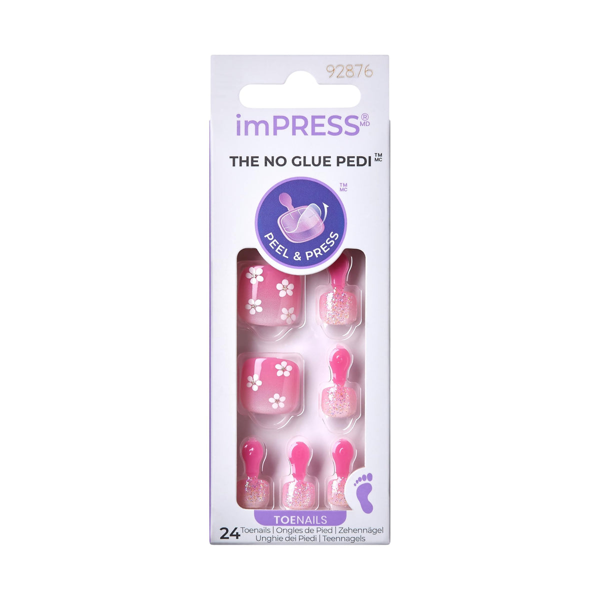 KISS imPRESS front packaging showing 30 pink press-on toenails and branding for quick selection
