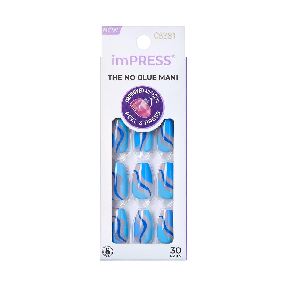 KISS imPRESS front packaging showing glossy black press-on nails and included tools for a ready manicure