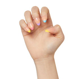 KISS close-up of multicolor French tip design highlighting glossy finish