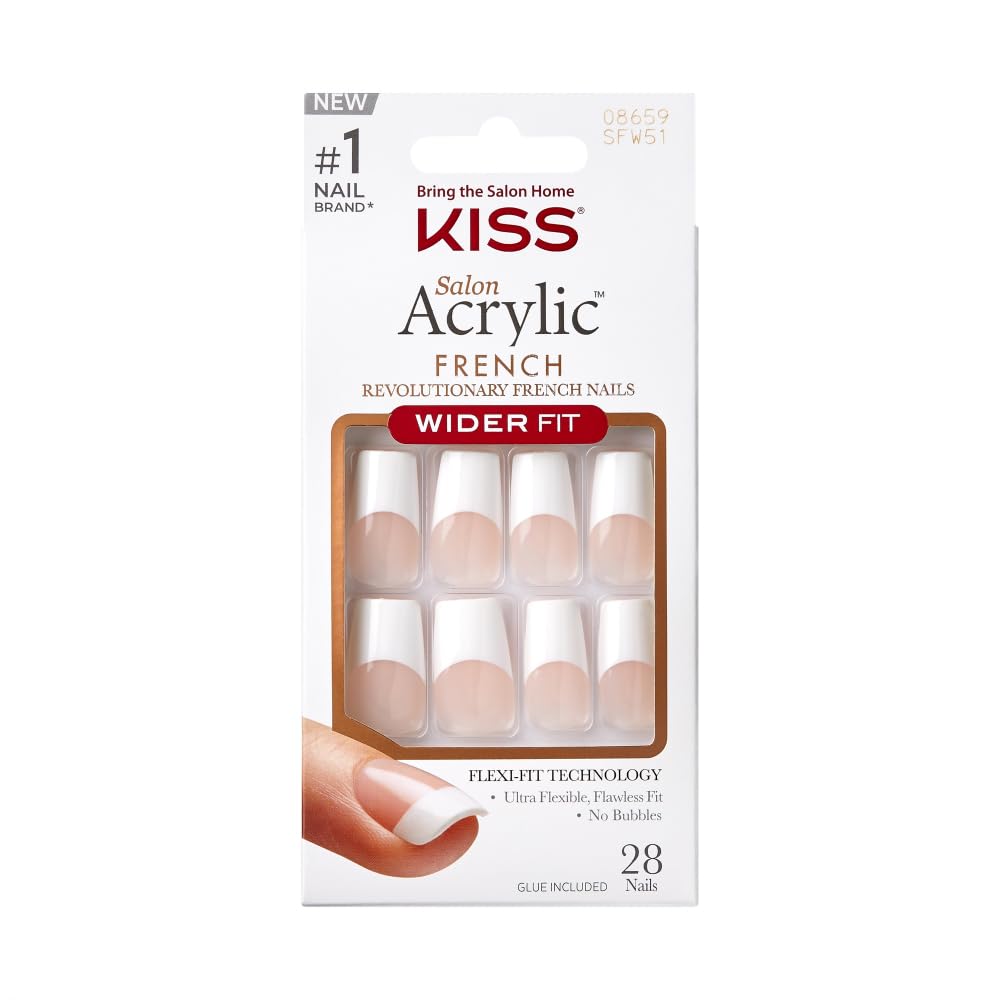 KISS front packaging showing coffin white French nails and included kit for quick styling