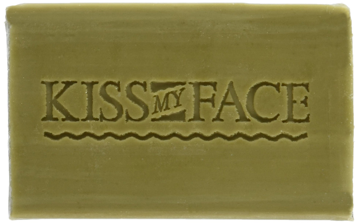 Kiss My Face bar close-up of olive-oil texture showing smooth moisturizing lather