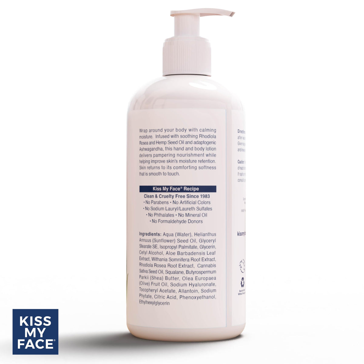 Kiss My Face bottle next to hand demonstrating 16 oz size and portion control