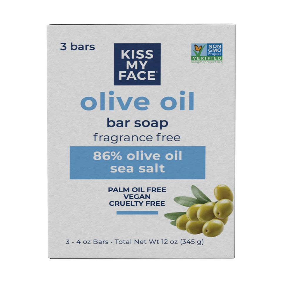 Kiss My Face front packaging showing three olive oil bars and product benefit