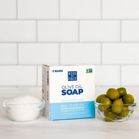Kiss My Face soap placed in bathroom setting for everyday natural care