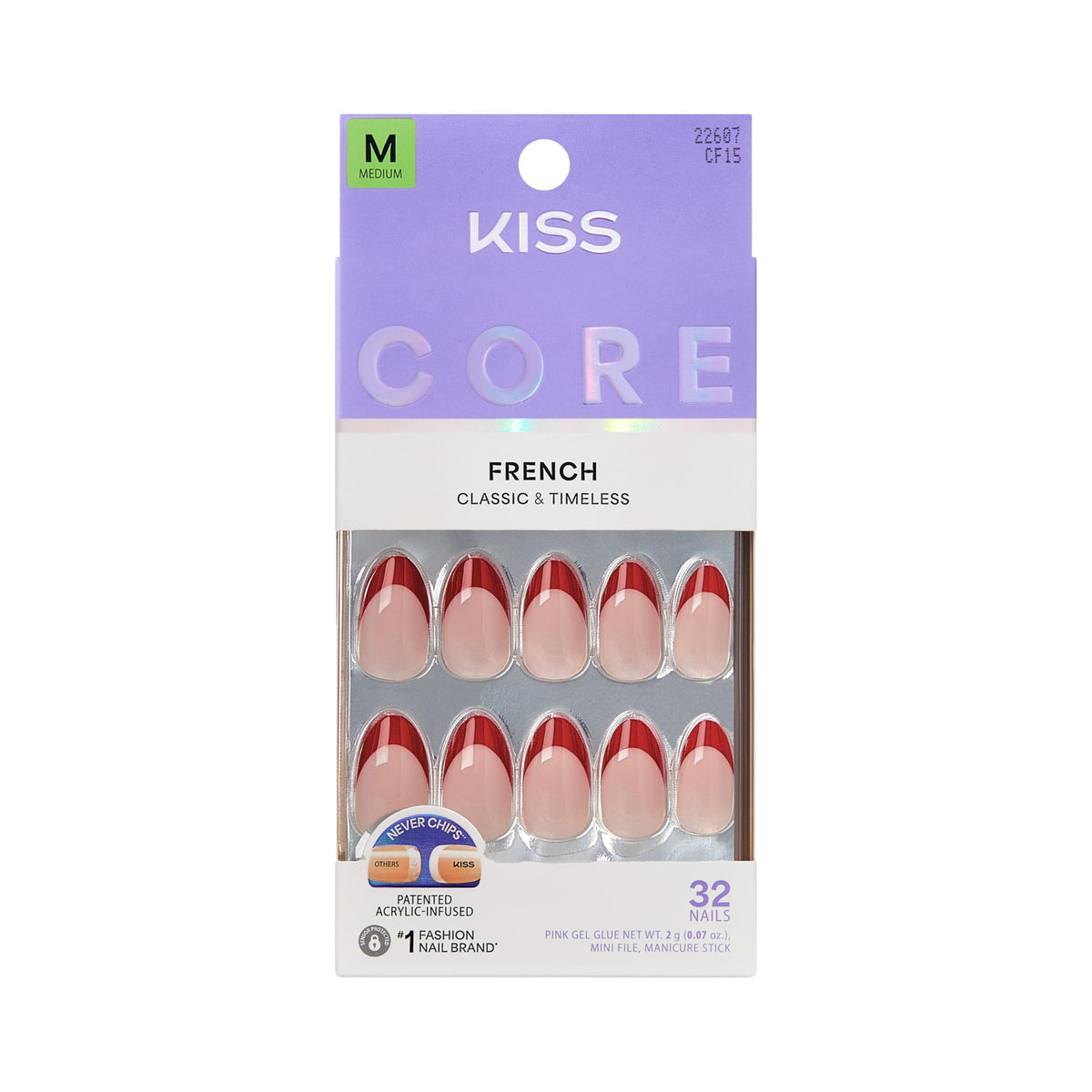 KISS front packaging showing 32 red Optimistic nails and kit contents, ready to use