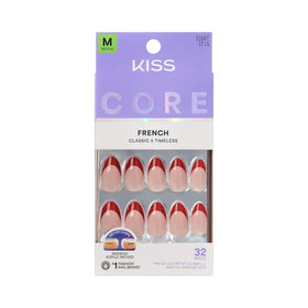 KISS front packaging showing 32 red Optimistic nails and kit contents, ready to use