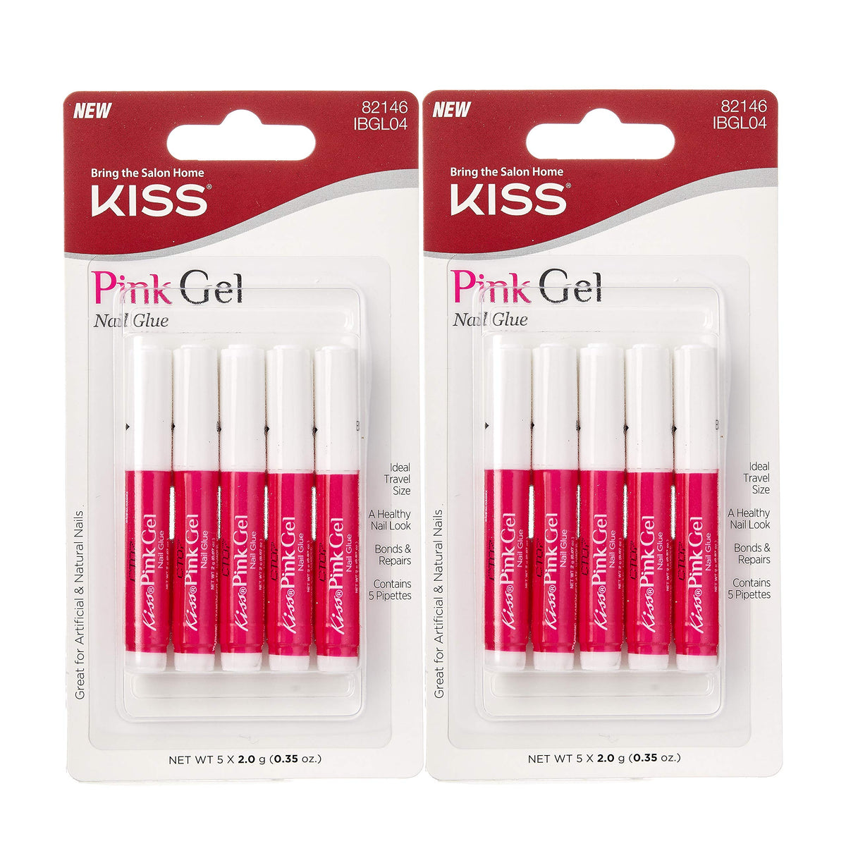KISS pink gel nail glue front packaging showing two bottles and clear label benefit