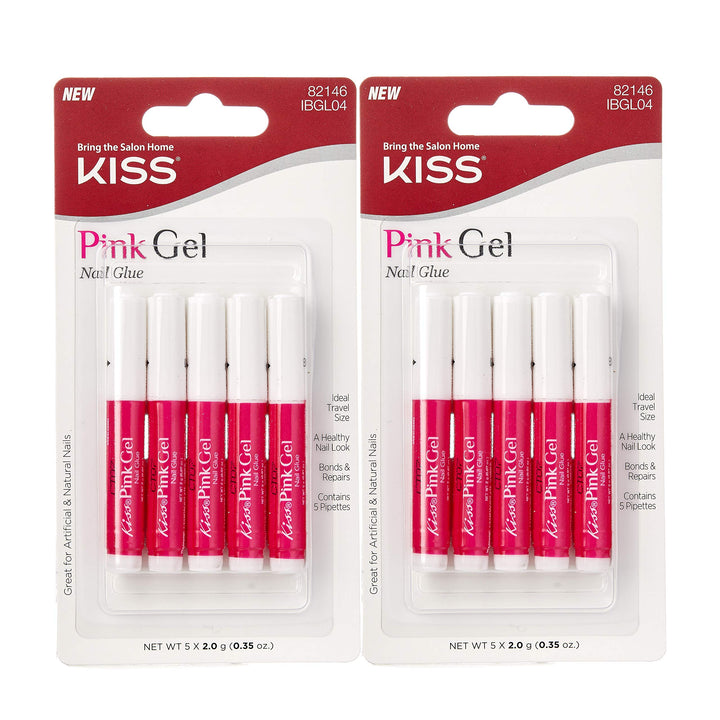 KISS pink gel nail glue front packaging showing two bottles and clear label benefit