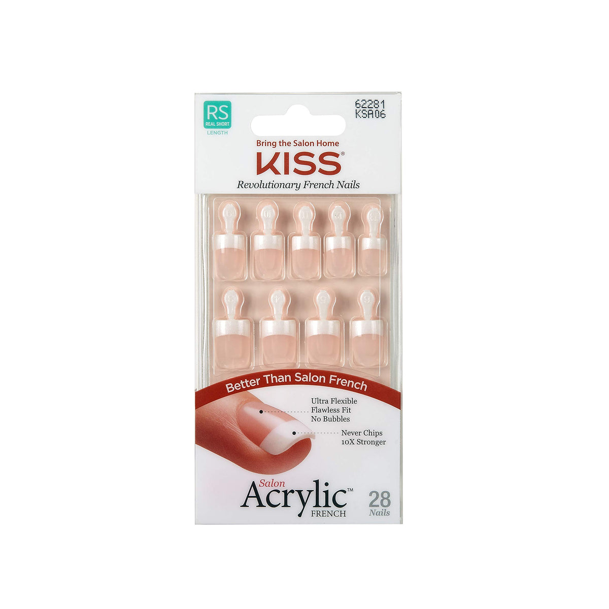 KISS front packaging showing the 28-piece French acrylic set benefit: clear presentation