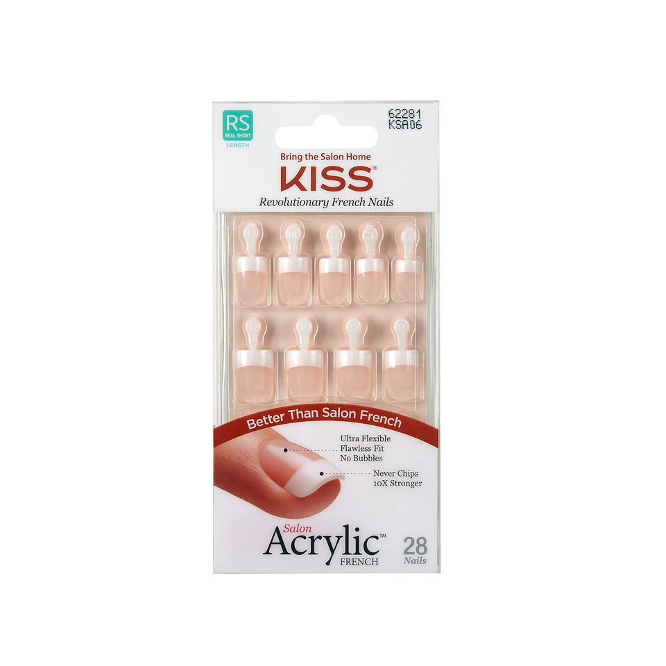 KISS front packaging showing the 28-piece French acrylic set benefit: clear presentation
