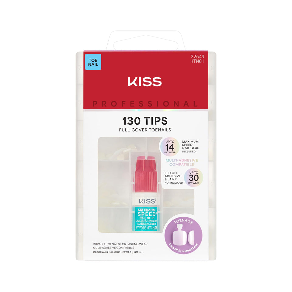 KISS front packaging showing 130-piece Tippy Toes set and included glue for quick pedicures