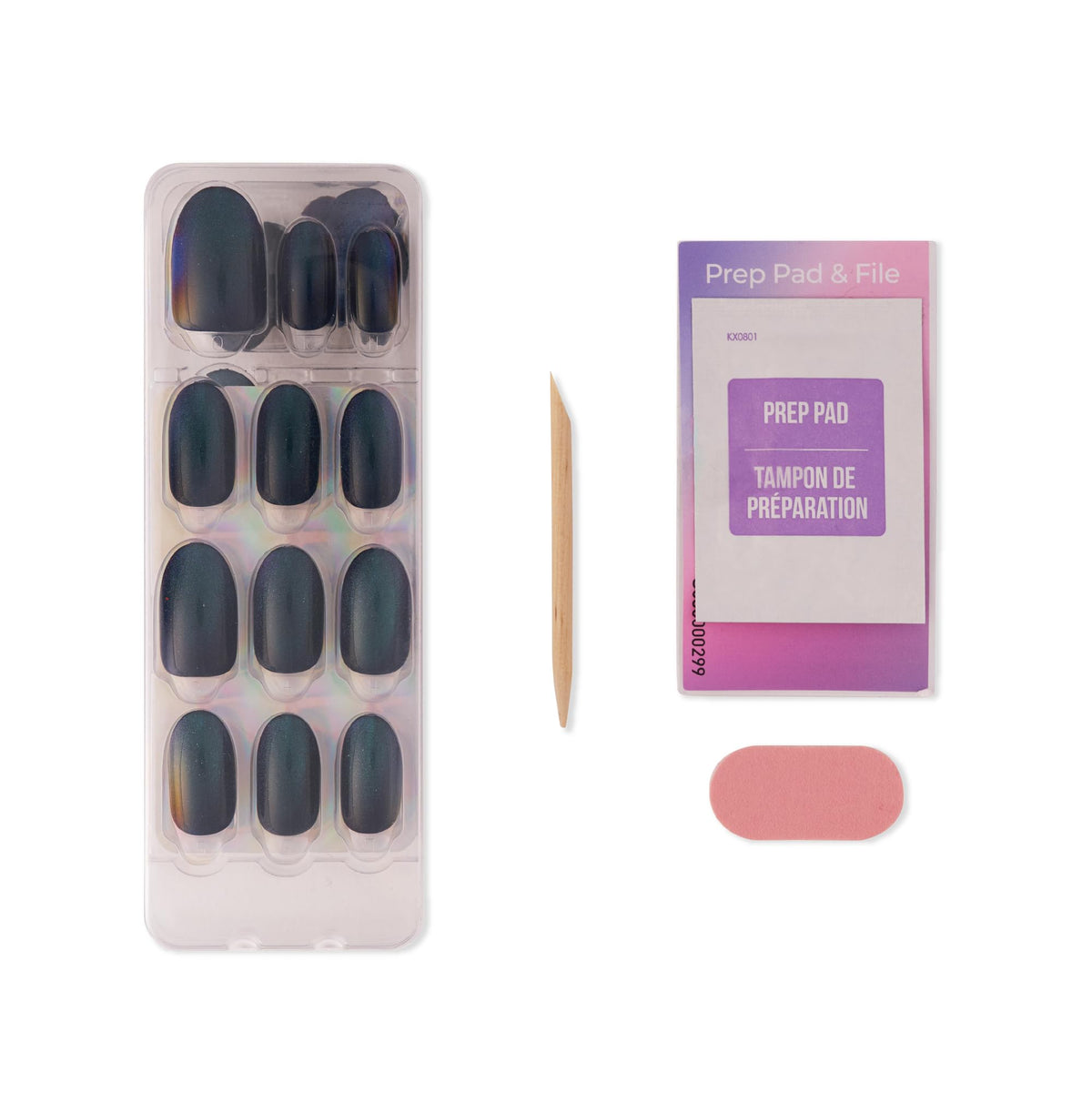 KISS tools and accessories layout showing prep pad, file, stick