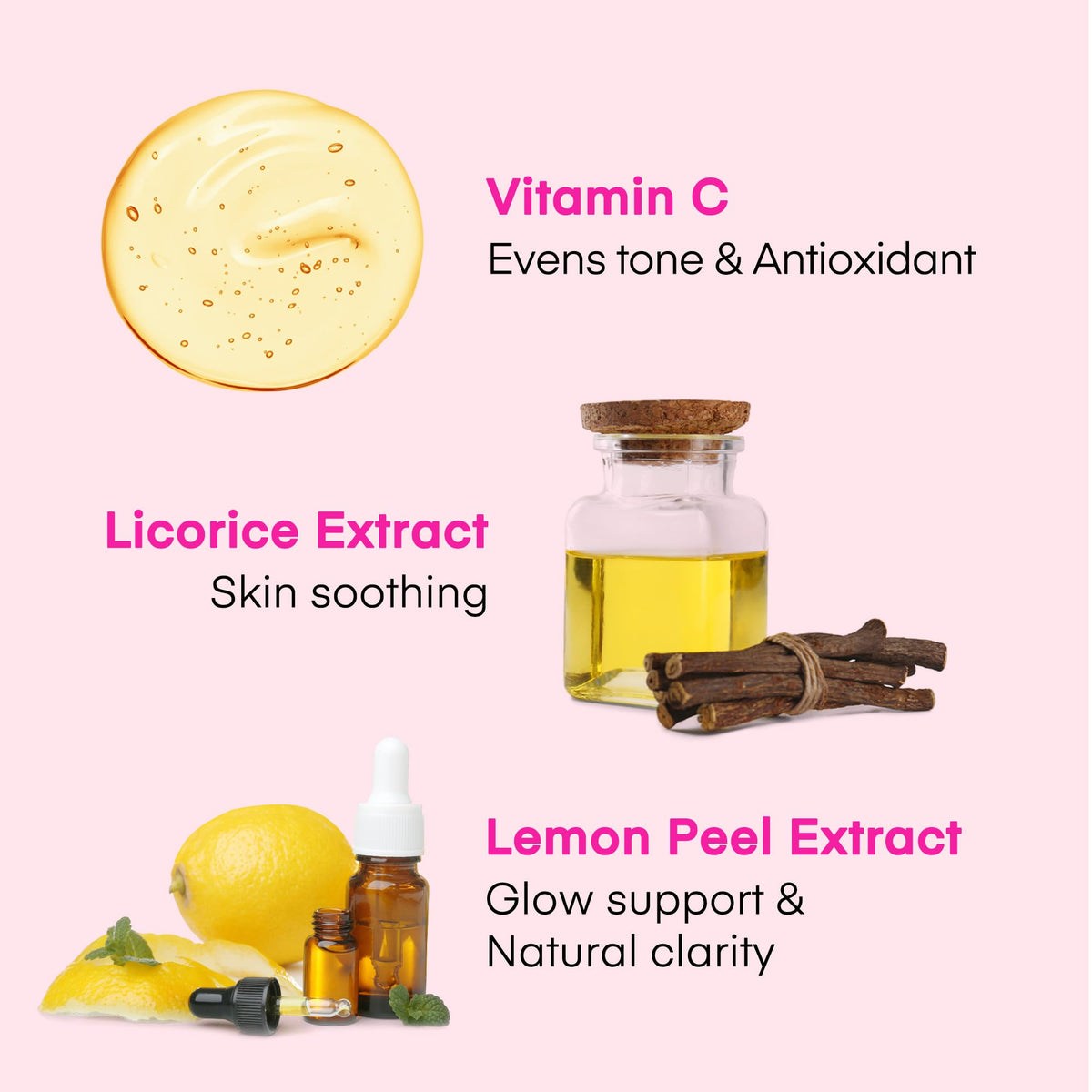 KissBea ingredients lineup with vitamin C and lemon peel for brightening