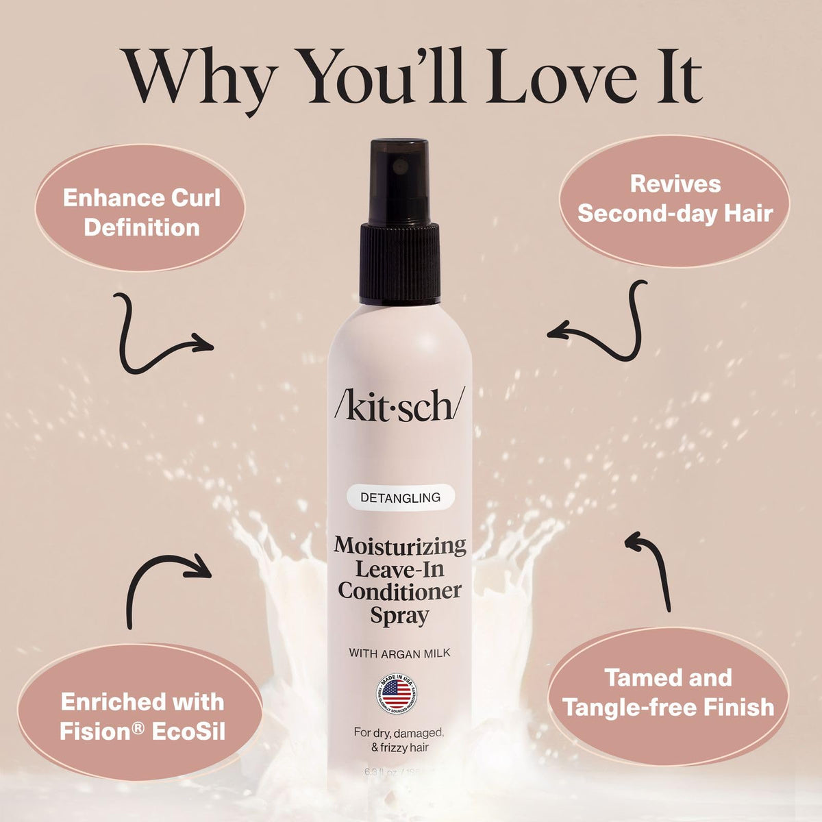 Kitsch argan milk held in hand demonstrating travel-friendly bottle and easy use